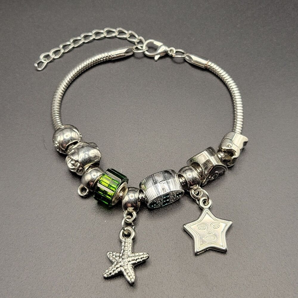 Adjustable Ocean Starfish Snake Chain Women Silver Green Crystal Charm Bracelet